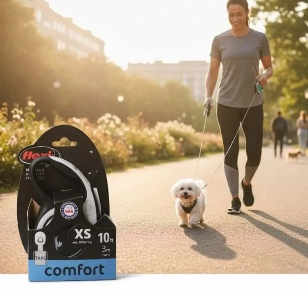 Flexi New Comfort XS Retractable Tape Leash, 10 ft (3m), Black